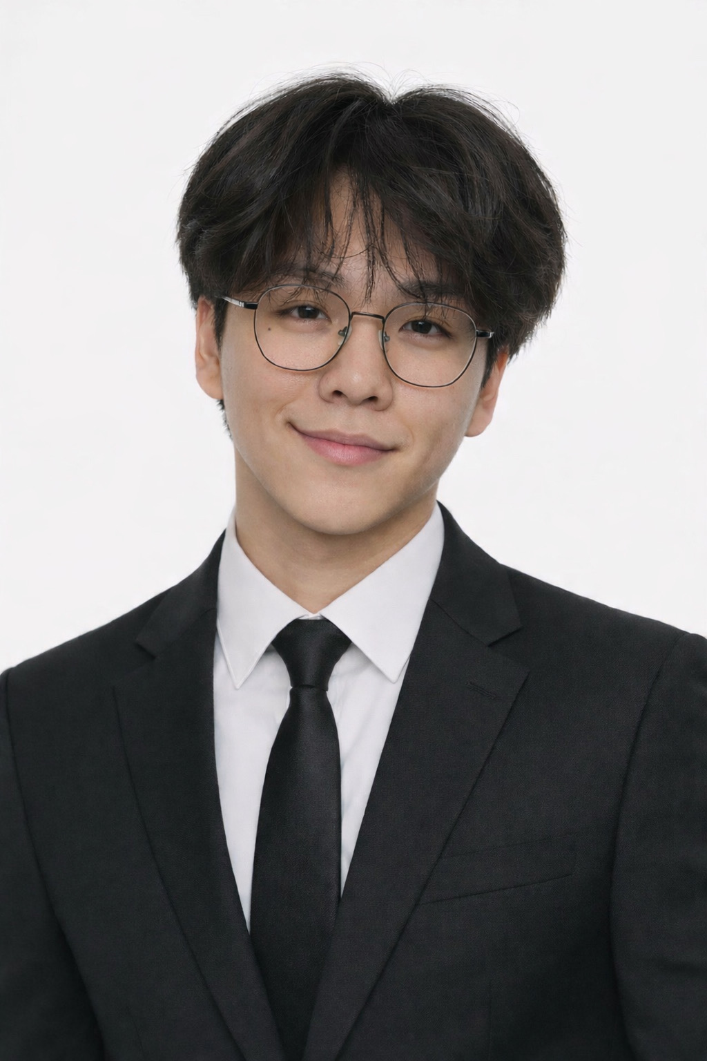 College student with short dark hair wearing glasses in a suit
