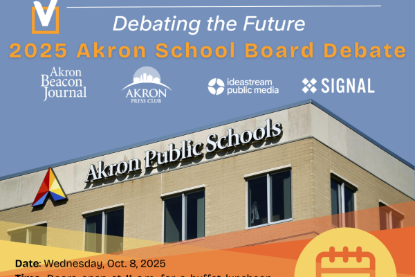 graphic with text over a photo of the Akron Public Schools building