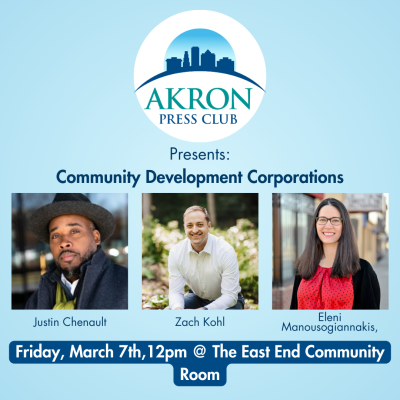 Akron Press Club logo and three photos of panelists